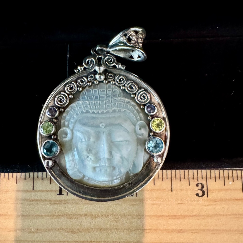 Bali Large Sterling Silver Mother of Pearl Buddha with Multicolor Gemstones - Picture 6 of 8
